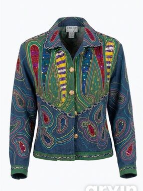 Vintage Anage Multicolor Embroidered Boho Jacket with Beaded & Crystal Buttons.